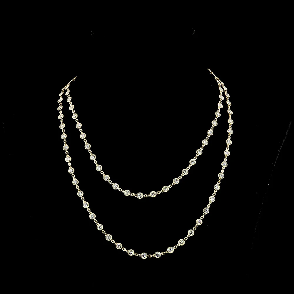 14K Yellow Gold Double Strand Station Necklace with 95 Bezel Set Round Lab Diamonds - 14.29 Carats Total Weight, E-F Color VS Clarity - Covaloro Fine Jewelry