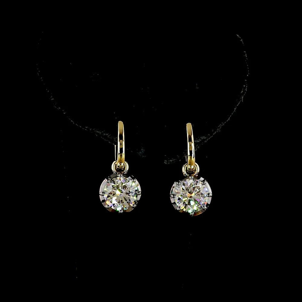 14K Yellow Gold Drop Earrings with 3.02 Carat Total Weight Round Brilliant Cut Lab Diamonds and Black Rhodium Accent - Covaloro Fine Jewelry