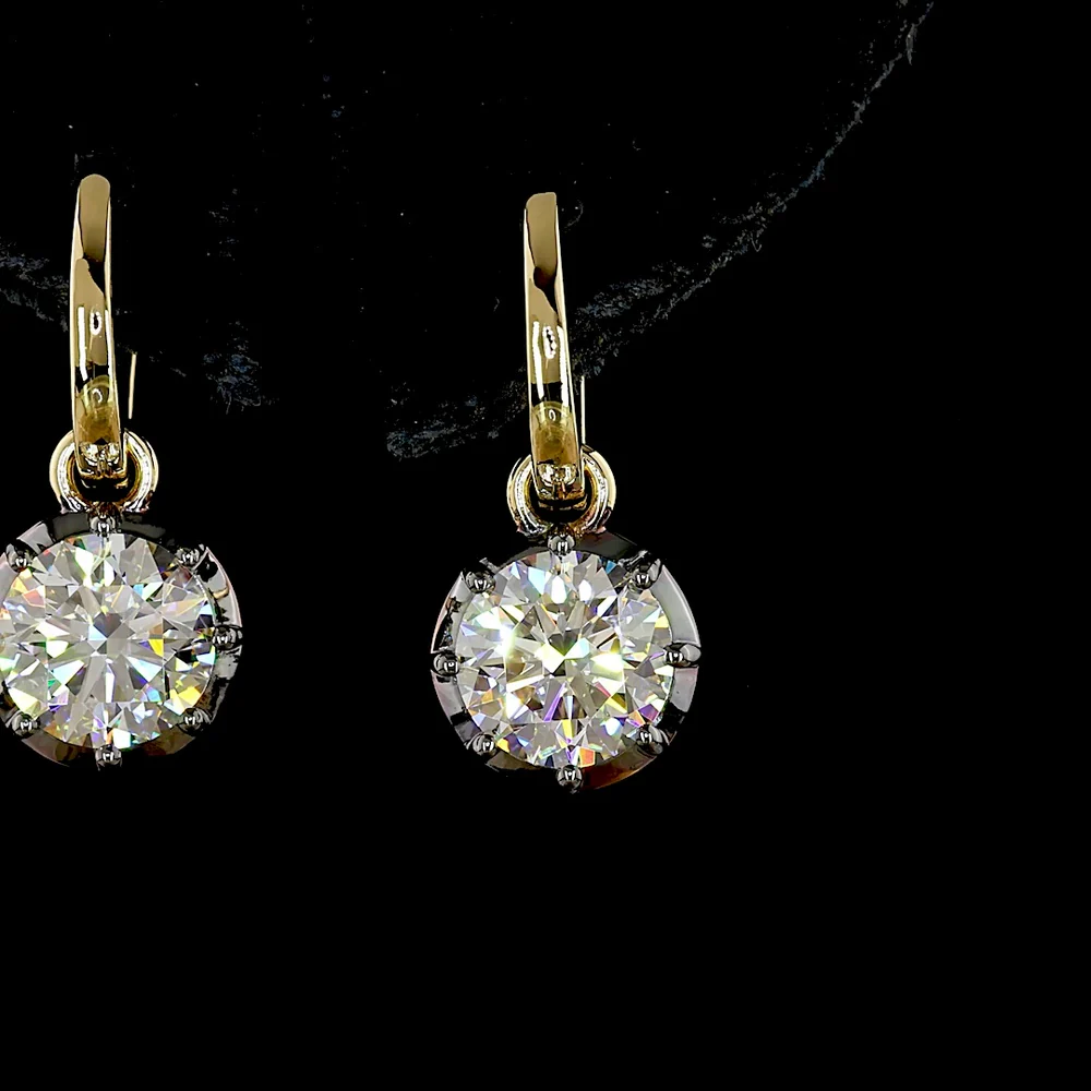 14K Yellow Gold Drop Earrings with 3.02 Carat Total Weight Round Brilliant Cut Lab Diamonds and Black Rhodium Accent - Covaloro Fine Jewelry - Image 2
