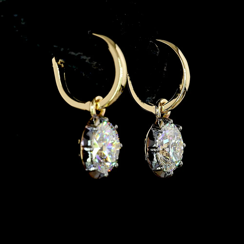 14K Yellow Gold Drop Earrings with 3.02 Carat Total Weight Round Brilliant Cut Lab Diamonds and Black Rhodium Accent - Covaloro Fine Jewelry - Image 4