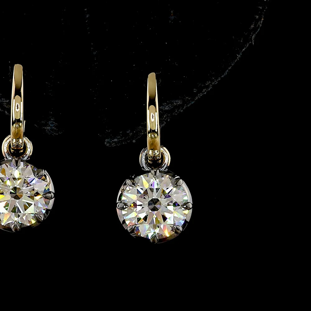 14K Yellow Gold Drop Earrings with 4.00 Carats Total Weight Round Brilliant Lab Diamonds, E-F Color VVS2 Clarity, Black Rhodium Prong & Bezel Setting - Covaloro Fine Jewelry - Image 2