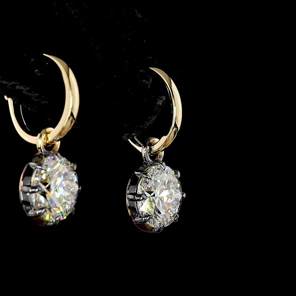 14K Yellow Gold Drop Earrings with 4.00 Carats Total Weight Round Brilliant Lab Diamonds, E-F Color VVS2 Clarity, Black Rhodium Prong & Bezel Setting - Covaloro Fine Jewelry - Image 4