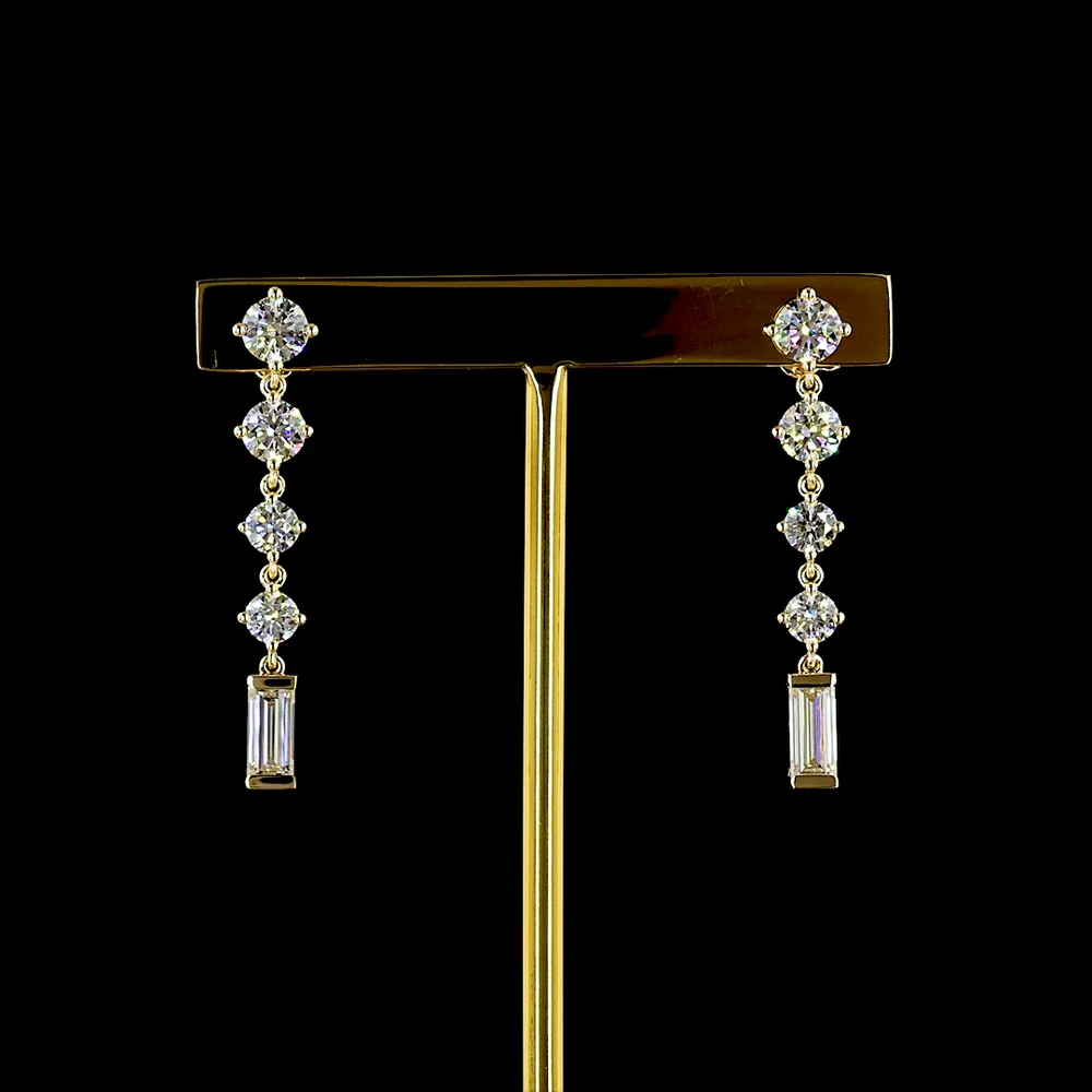 14K Yellow Gold Drop Earrings with Alternating Round and Baguette Lab Diamonds - 3.24 Carats Total Diamond Weight - Covaloro Fine Jewelry