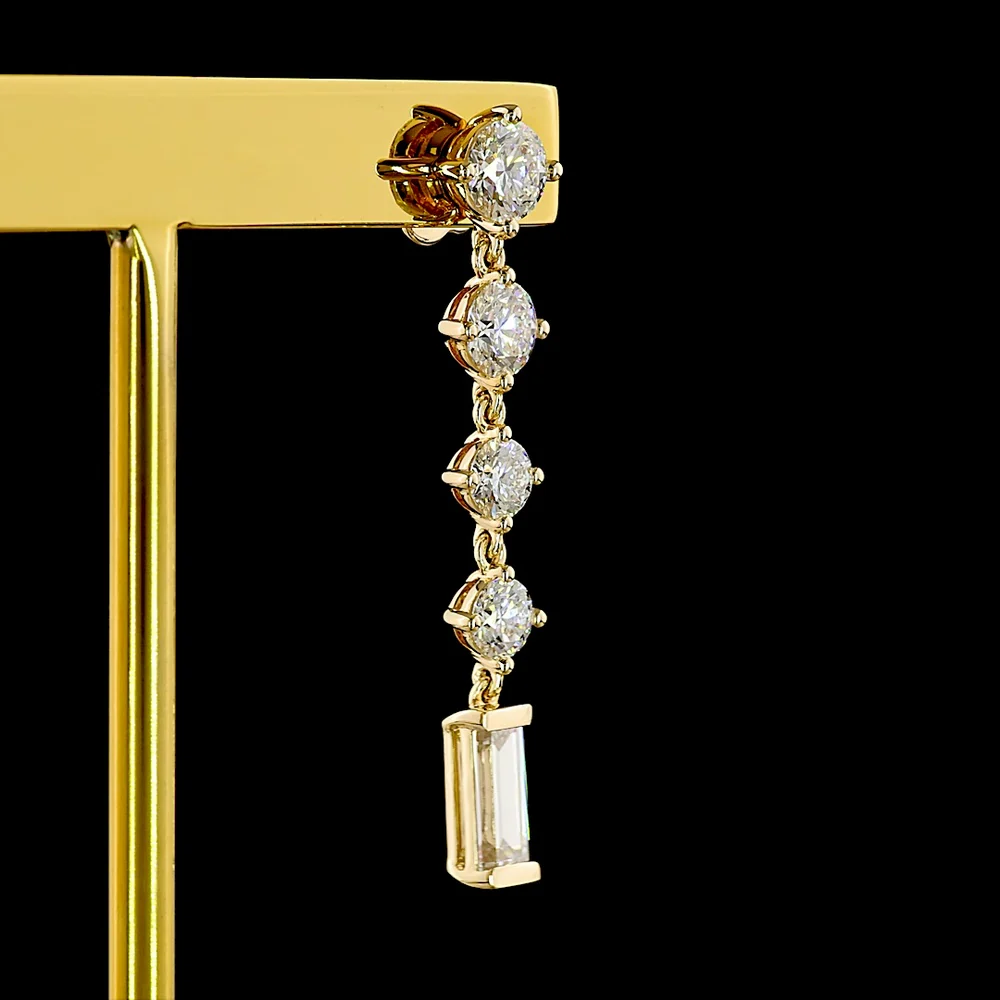 14K Yellow Gold Drop Earrings with Alternating Round and Baguette Lab Diamonds - 3.24 Carats Total Diamond Weight - Covaloro Fine Jewelry - Image 4