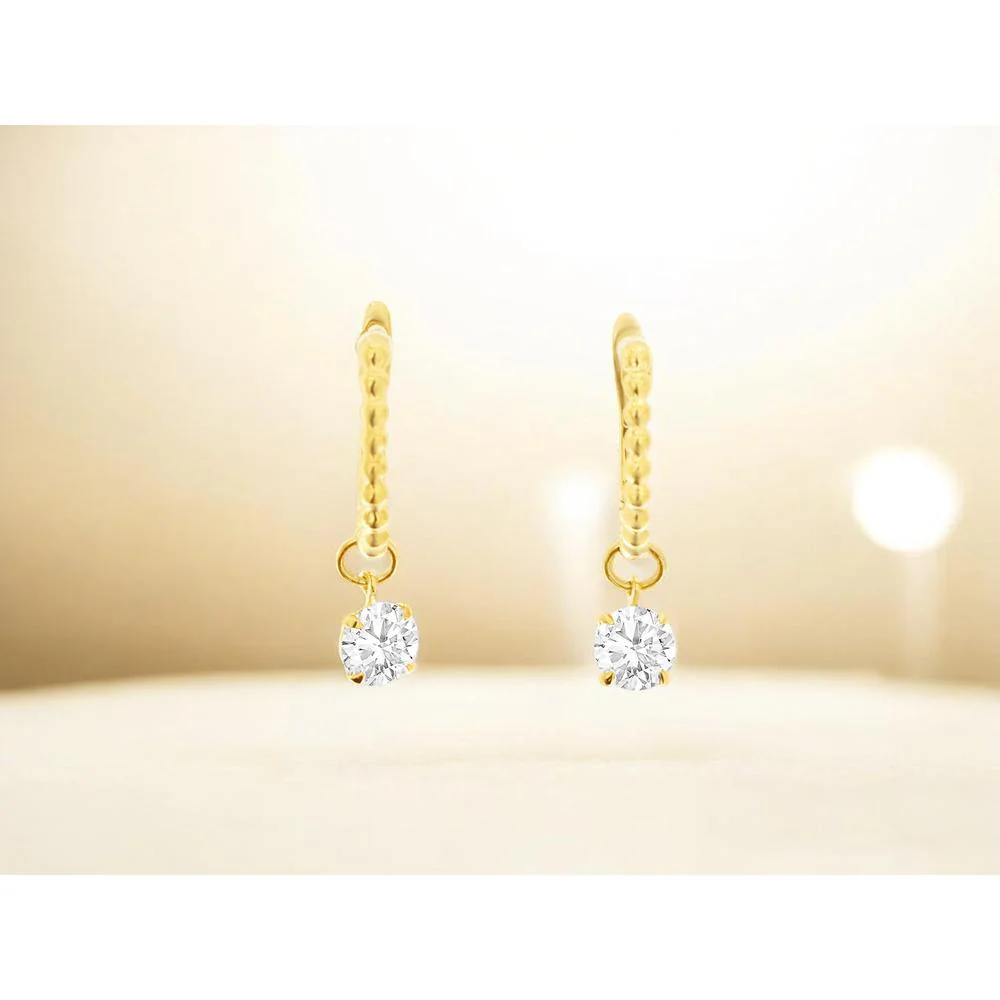 14K Yellow Gold Drop Earrings with Beaded Hoop and Round Lab-Grown Diamonds - 1.06 Carat Total Diamond Weight - Royal Jewelry - Image 2