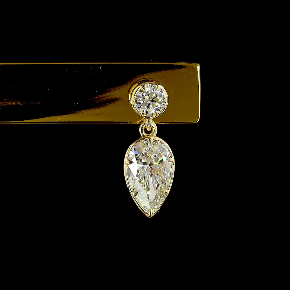 14K Yellow Gold Drop Earrings with Bezel Set Round and Pear Shaped Lab Diamonds - 1.71 Carats Total Diamond Weight - Covaloro Fine Jewelry - Image 2