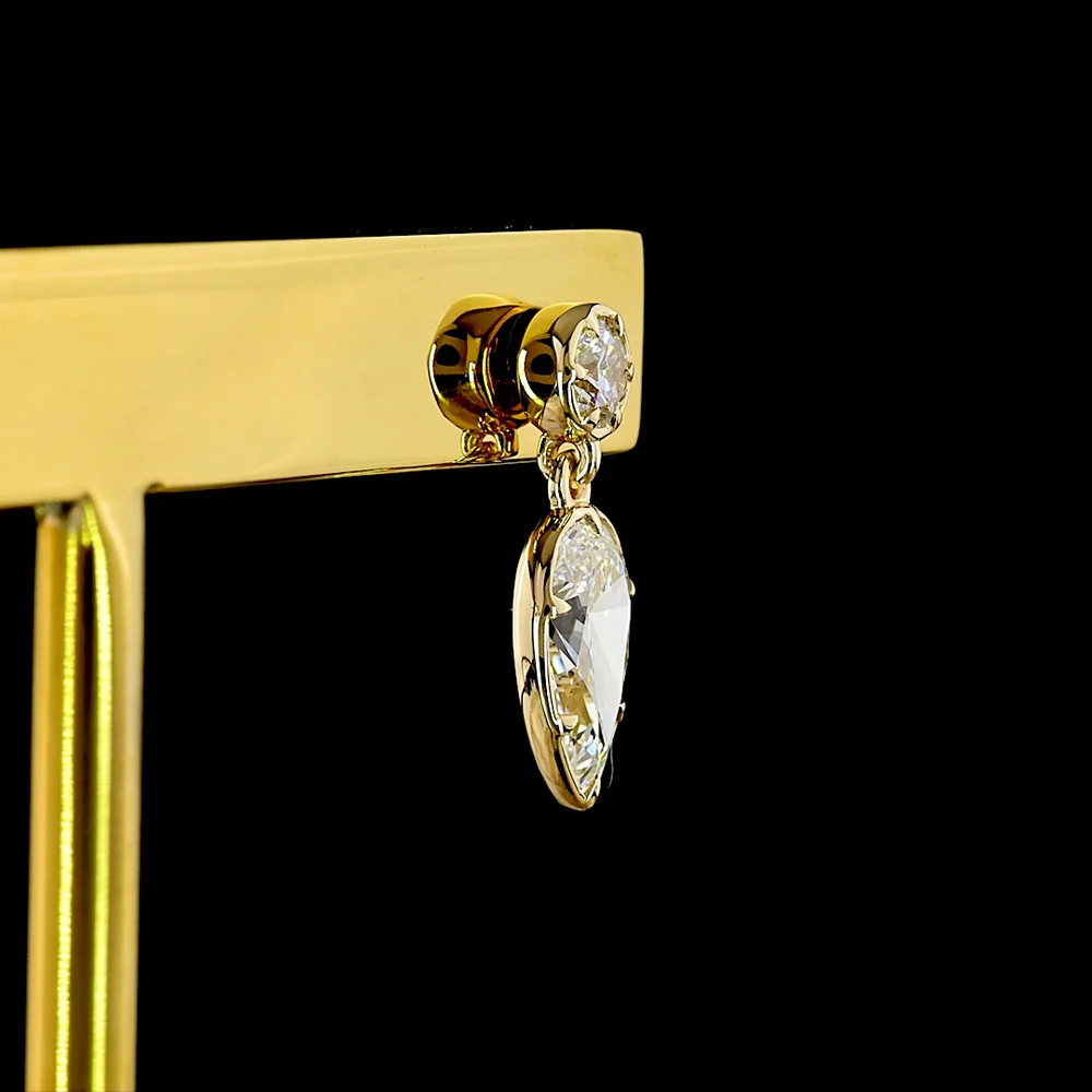 14K Yellow Gold Drop Earrings with Bezel Set Round and Pear Shaped Lab Diamonds - 1.71 Carats Total Diamond Weight - Covaloro Fine Jewelry - Image 4