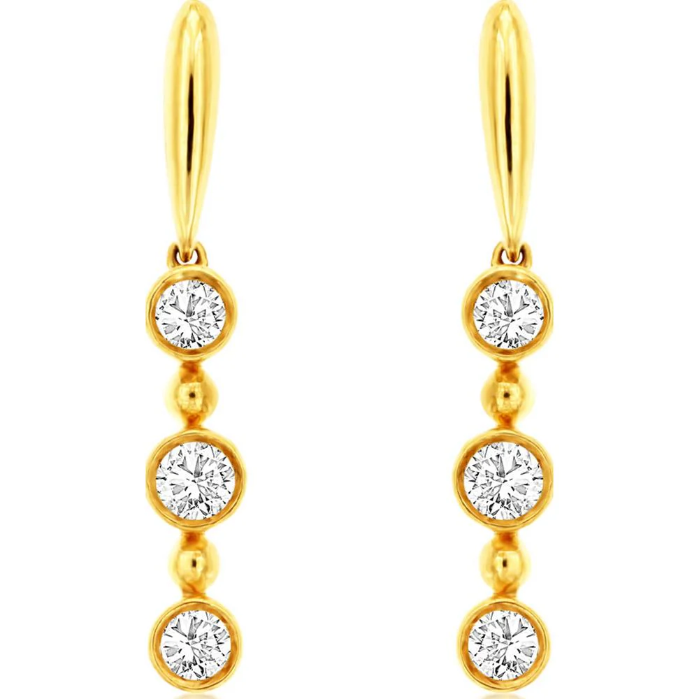 14K Yellow Gold Drop Earrings with Bezel Set Round Diamonds - 0.33 Carat Total Diamond Weight - Royal Jewelry