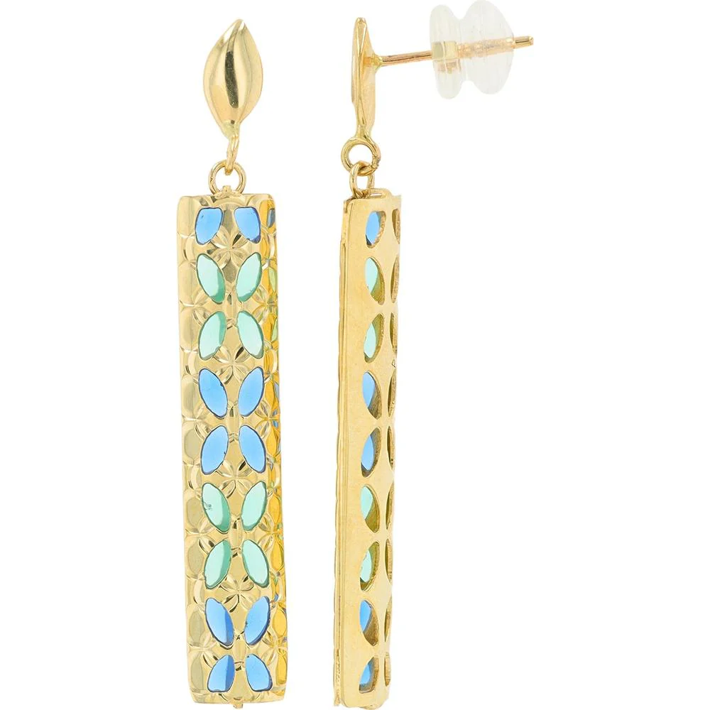 14K Yellow Gold Drop Earrings with Blue and Green Enamel Floral Accents - 4.00 Gram Total Weight - Image 2