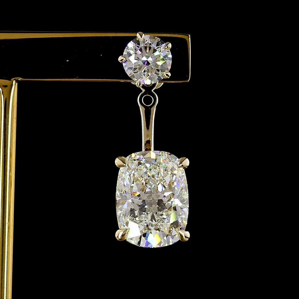 14K Yellow Gold Drop Earrings with Cushion Brilliant and Round Cut Lab Diamonds - 12.27 Carats Total Diamond Weight - Covaloro Fine Jewelry - Image 2