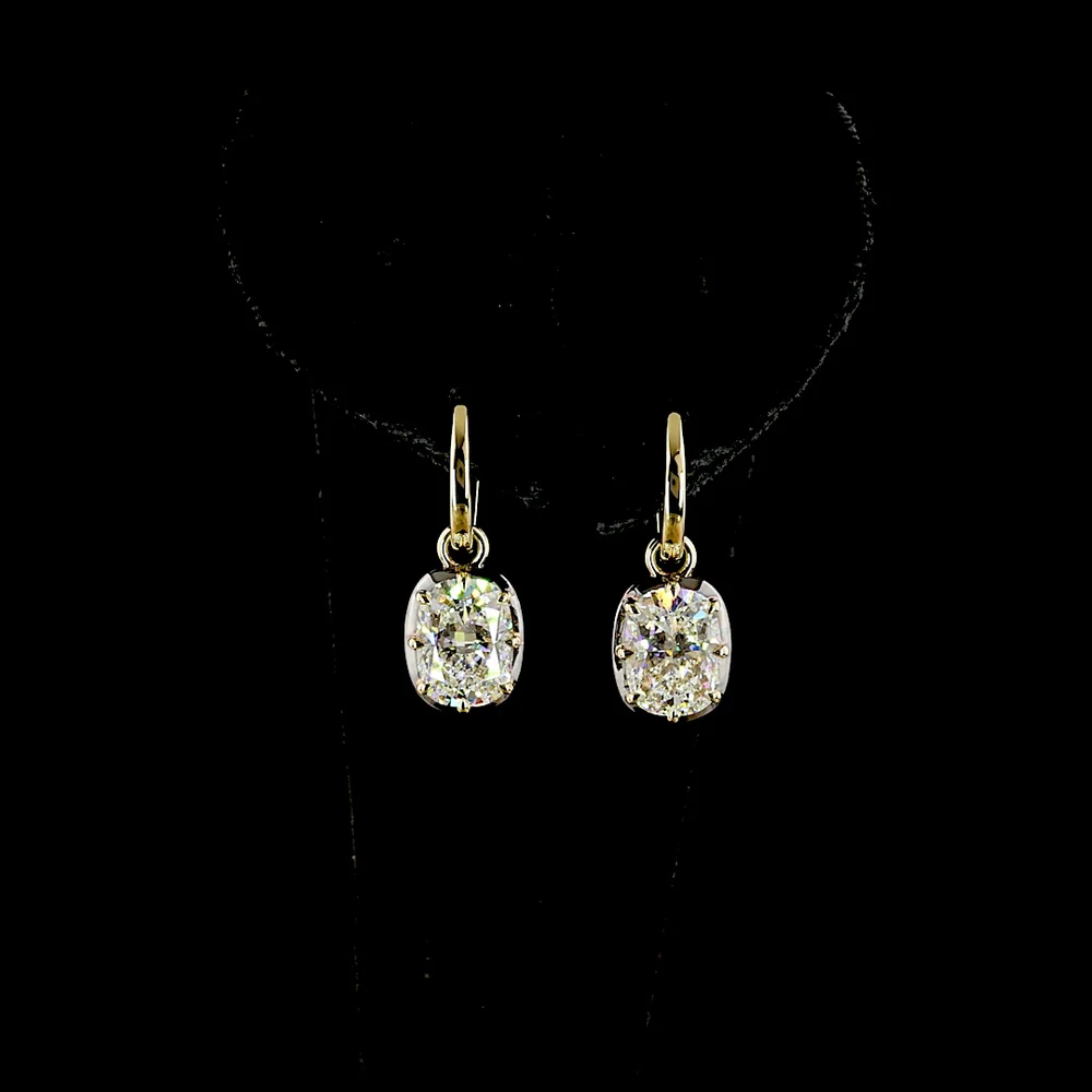14K Yellow Gold Drop Earrings with Cushion Brilliant Cut Lab Diamonds - 4.13 Carat Total Diamond Weight (E-F Color, VS1 Clarity) - Covaloro Fine Jewelry