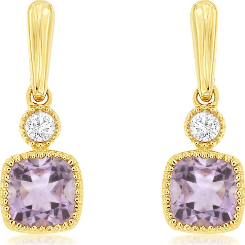 14K Yellow Gold Drop Earrings with Cushion Cut Amethyst and Round Diamond Accents - 0.30 Carat Total Amethyst Weight and 0.03 Carat Total Diamond Weight - Royal Jewelry
