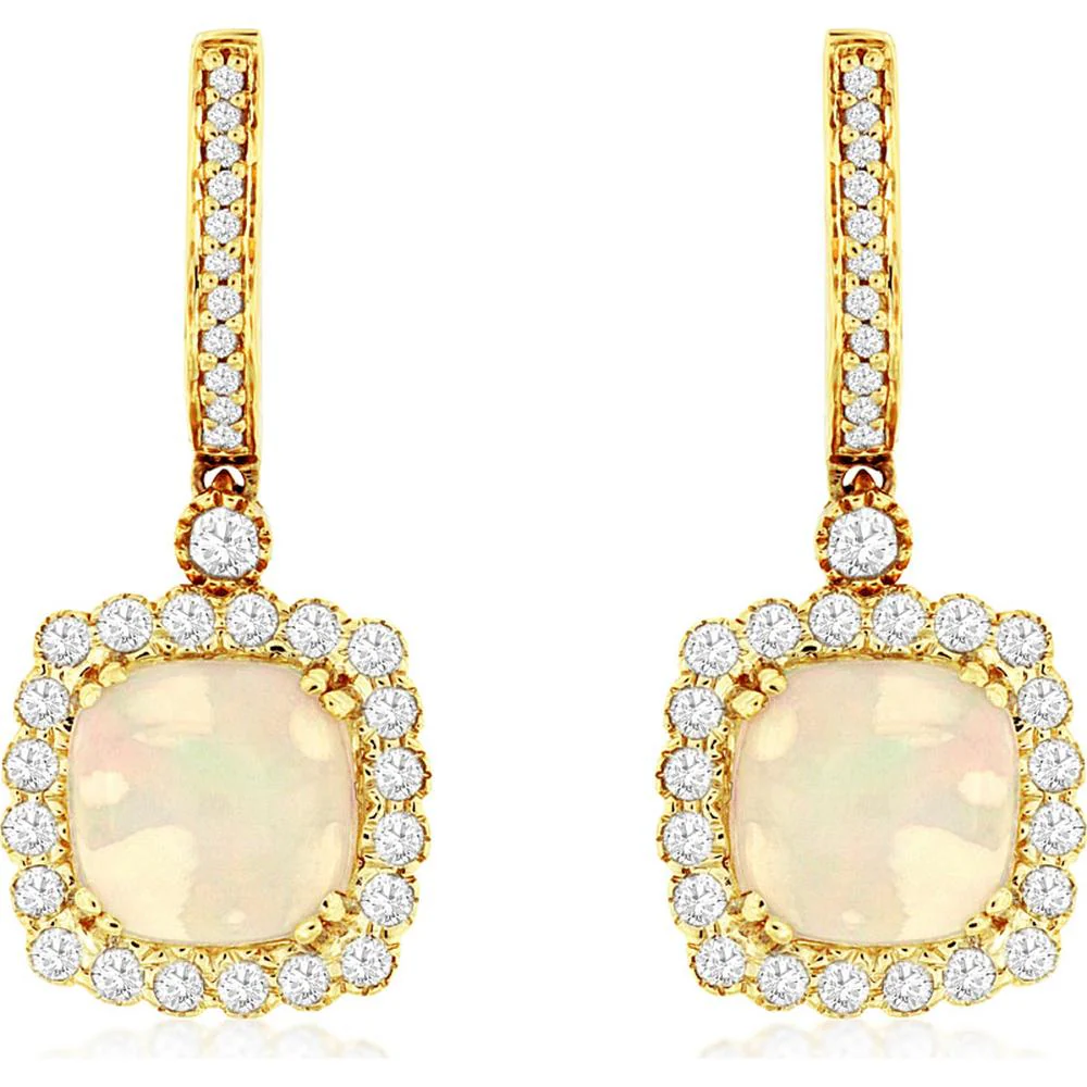 14K Yellow Gold Drop Earrings with Cushion Cut Opals and Diamond Halo Accents - 2.80 Carat Total Opal Weight and 0.68 Carat Total Diamond Weight - Royal Jewelry