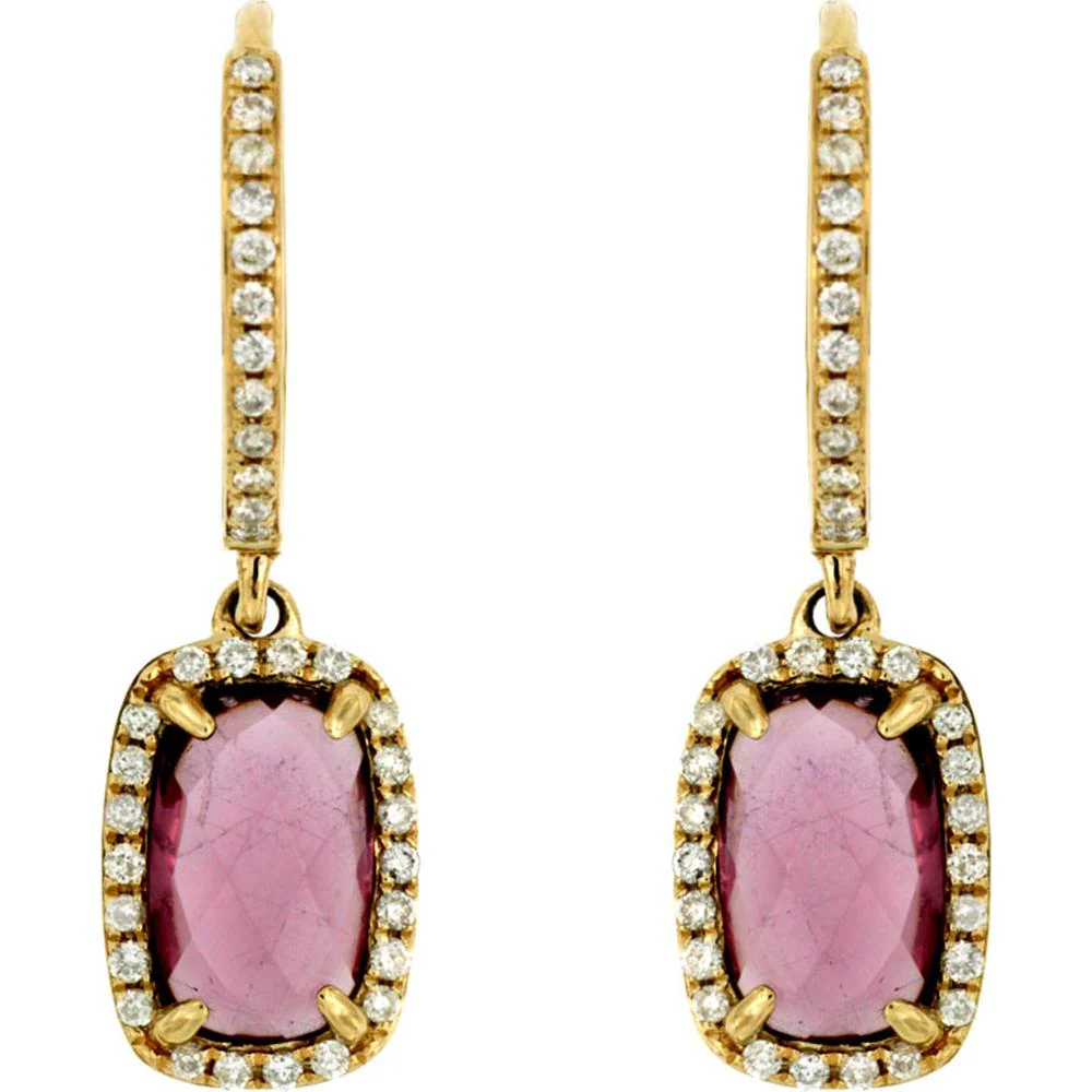 14K Yellow Gold Drop Earrings with Cushion Cut Rhodolite and Diamond Halos - 2.80 Carat Rhodolite Total Weight, 0.26 Carat Total Diamond Weight - Royal Jewelry