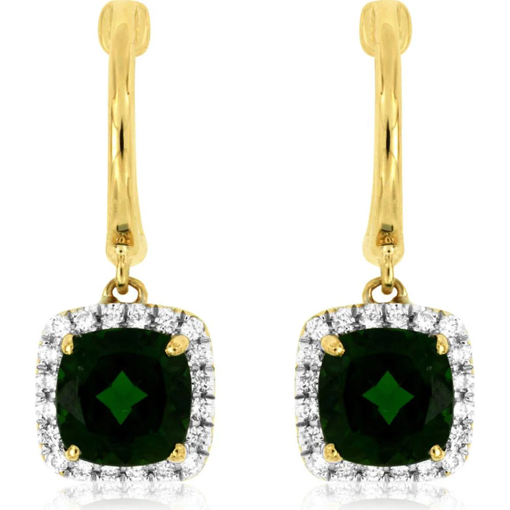 14K Yellow Gold Drop Earrings with Cushion Cut Russalite and Diamond Halos - 2.00 Carat Total Russalite Weight and 0.21 Carat Total Diamond Weight - Royal Jewelry