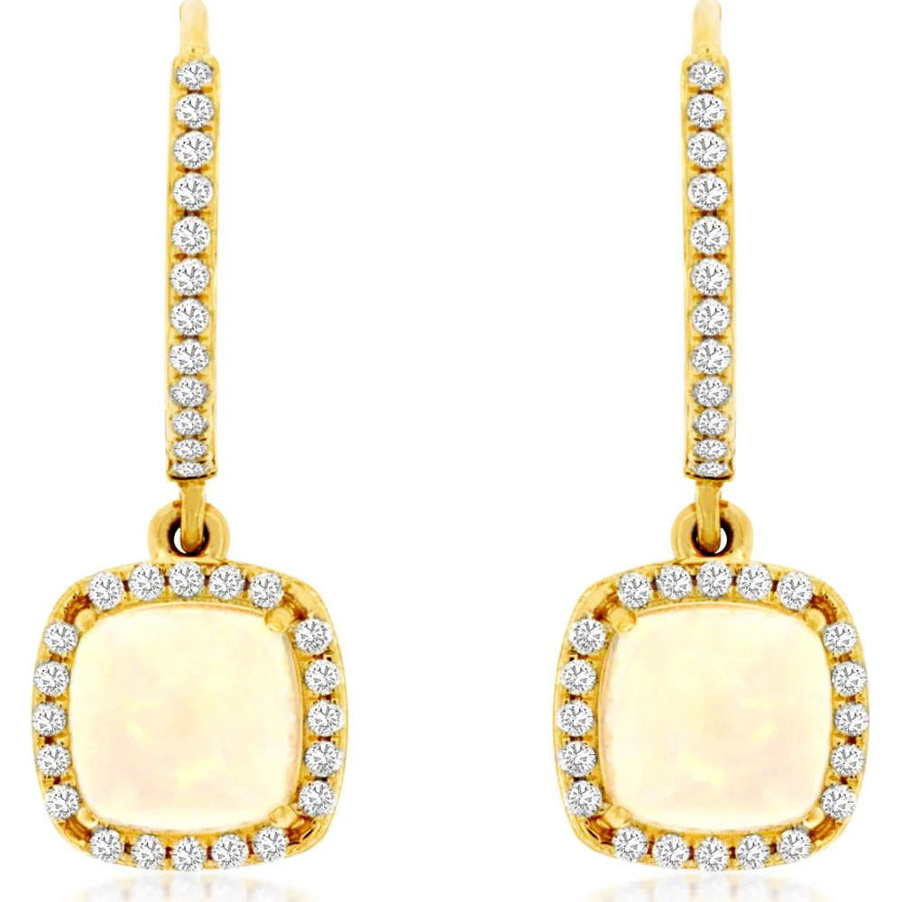 14K Yellow Gold Drop Earrings with Cushion Opals and Round Diamond Halos - 1.20 Carat Total Opal Weight and 0.25 Carat Total Diamond Weight - Royal Jewelry