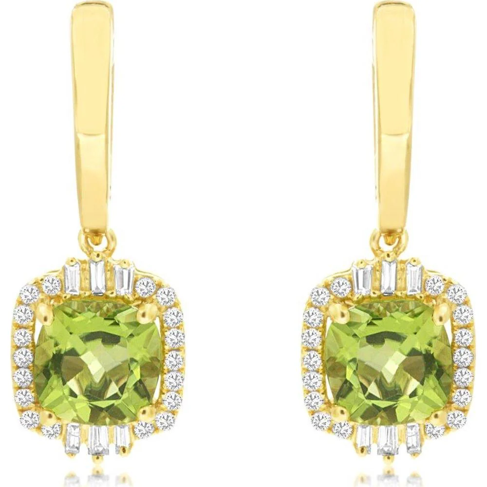 14K Yellow Gold Drop Earrings with Cushion Peridot and Diamond Halo Accents - 2.90 Carat Total Peridot Weight and 0.29 Carat Total Diamond Weight - Royal Jewelry