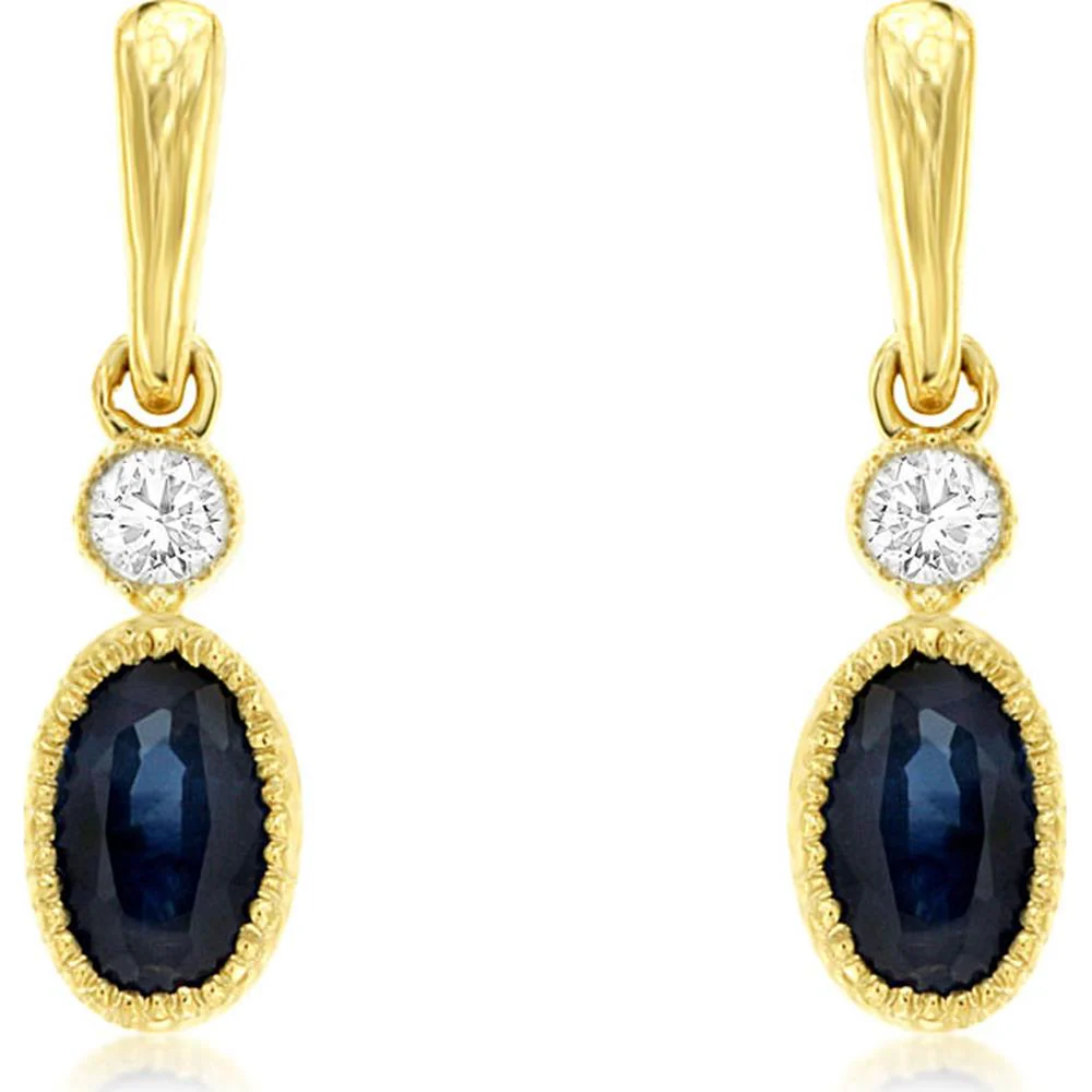 14K Yellow Gold Drop Earrings with Oval Blue Sapphires and Round Diamond Accents - 0.60 Carat Total Sapphire Weight and 0.05 Carat Total Diamond Weight - Royal Jewelry