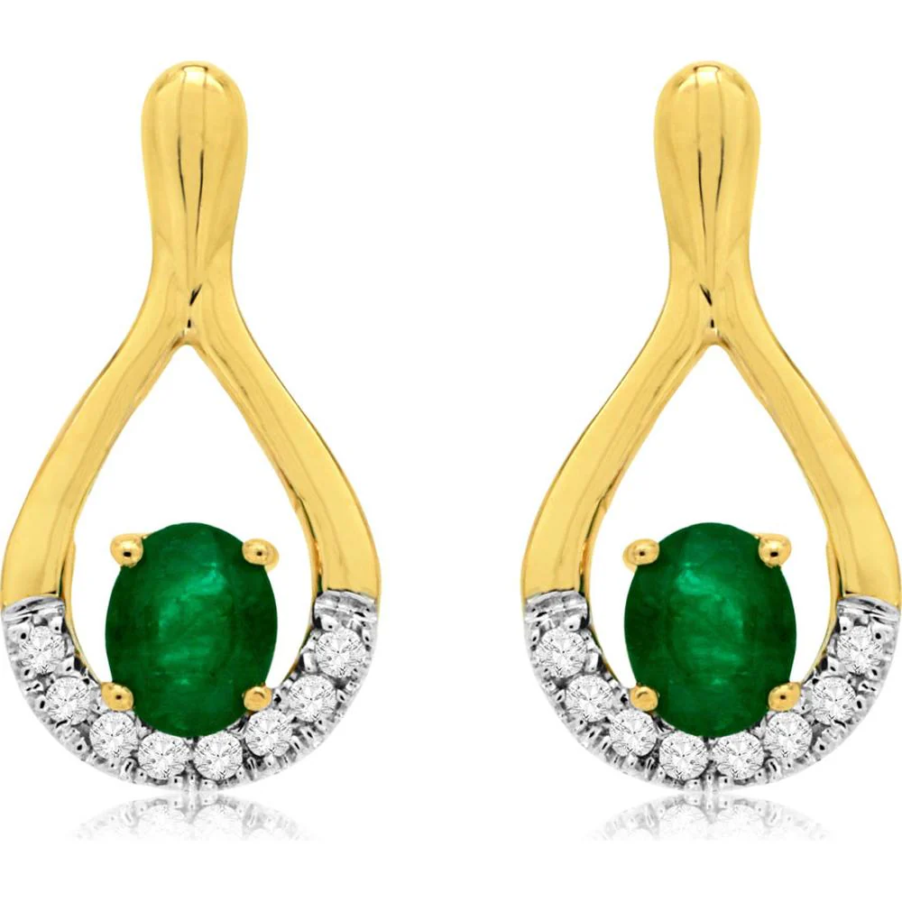 14K Yellow Gold Drop Earrings with Oval Emeralds and Diamond Accents - 0.70 Carat Total Emerald Weight and 0.12 Carat Total Diamond Weight - Royal Jewelry