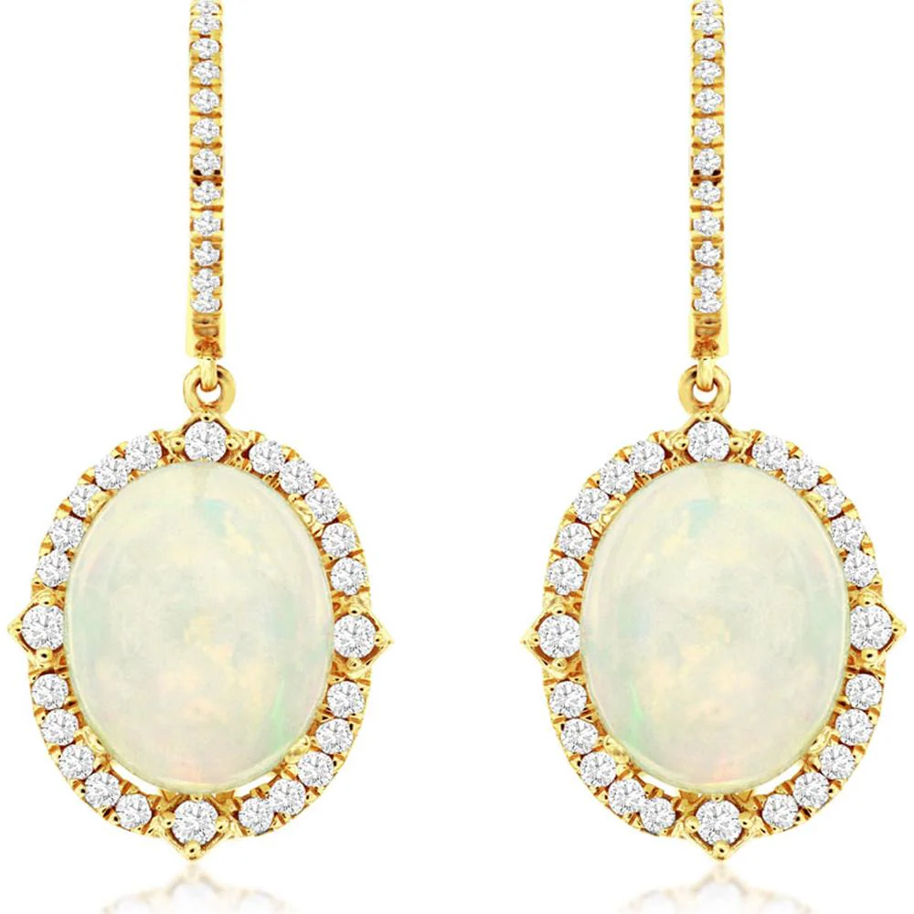 14K Yellow Gold Drop Earrings with Oval Opals and Diamond Halo Accents - 6.00 Carat Total Opal Weight, 0.70 Carat Total Diamond Weight - Royal Jewelry