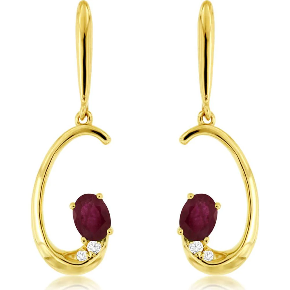 14K Yellow Gold Drop Earrings with Oval Rubies and Diamond Accents - 0.40 Carat Total Ruby Weight, 0.03 Carat Total Diamond Weight - Royal Jewelry