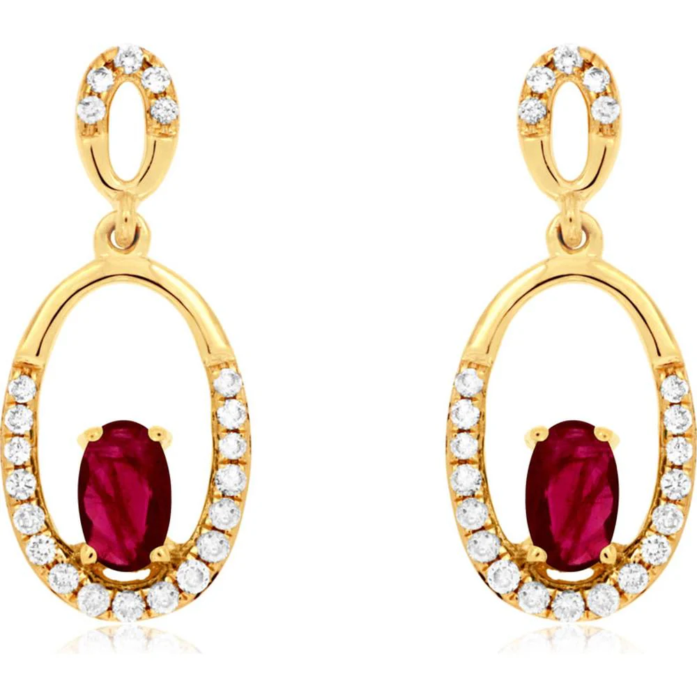 14K Yellow Gold Drop Earrings with Oval Rubies and Diamond Accents - 0.45 Carat Total Ruby Weight, 0.20 Carat Total Diamond Weight - Royal Jewelry