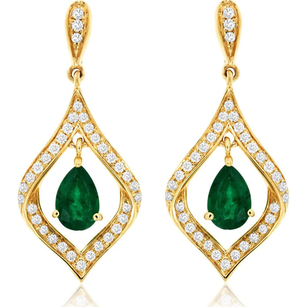 14K Yellow Gold Drop Earrings with Pear Shaped Emeralds and Round Diamonds - 0.75 Carat Total Emerald Weight and 0.29 Carat Total Diamond Weight - Royal Jewelry