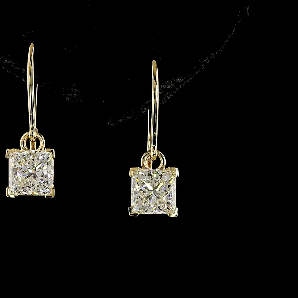 14K Yellow Gold Drop Earrings with Princess Cut Lab Diamonds - 2.06 Carat Total Weight, E-F Color VVS2 Clarity - Covaloro Fine Jewelry - Image 2