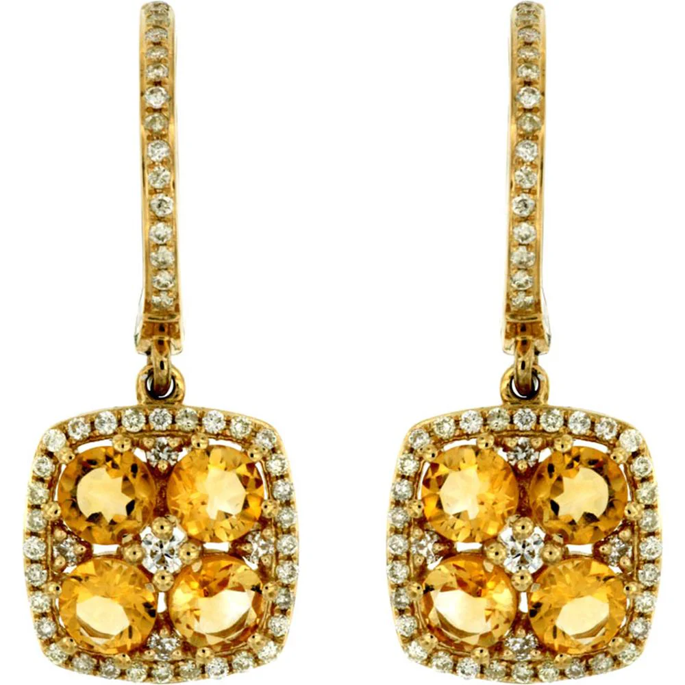 14K Yellow Gold Drop Earrings with Round Citrine and Diamond Halo Accents - 1.35 Carat Total Citrine Weight and 0.38 Carat Total Diamond Weight - Royal Jewelry