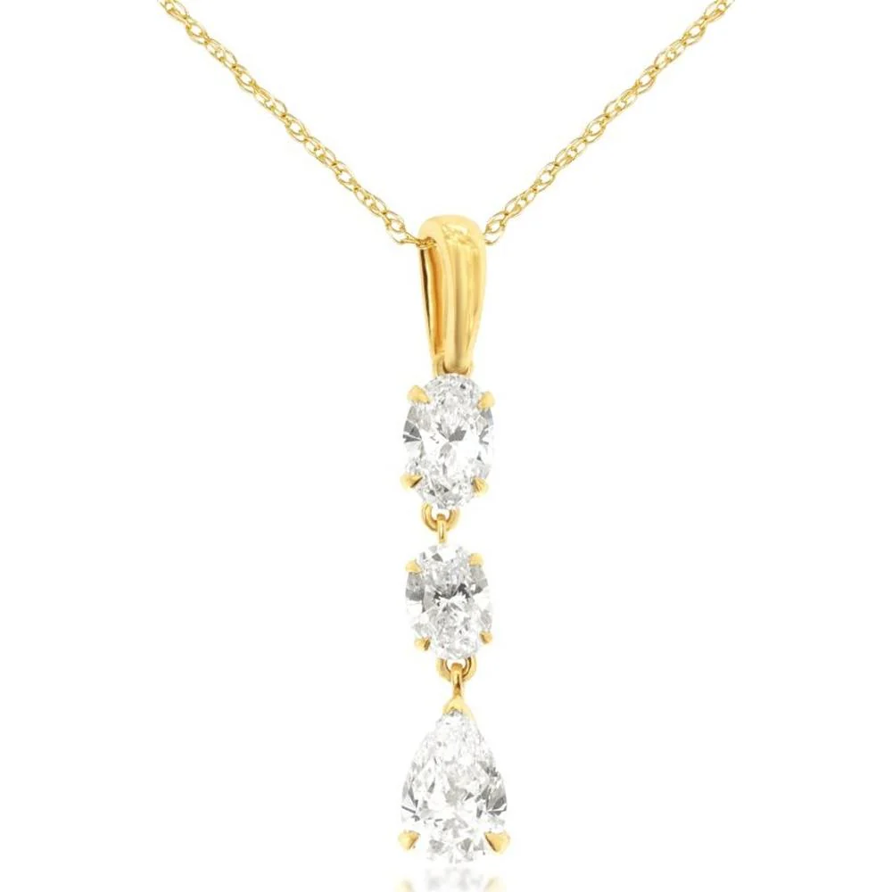 14K Yellow Gold Drop Pendant Necklace with Oval and Pear Shaped Lab Grown Diamonds - 1 Carat Total Diamond Weight - Royal Jewelry
