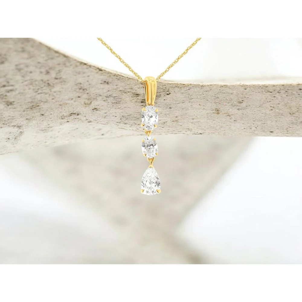 14K Yellow Gold Drop Pendant Necklace with Oval and Pear Shaped Lab Grown Diamonds - 1 Carat Total Diamond Weight - Royal Jewelry - Image 2