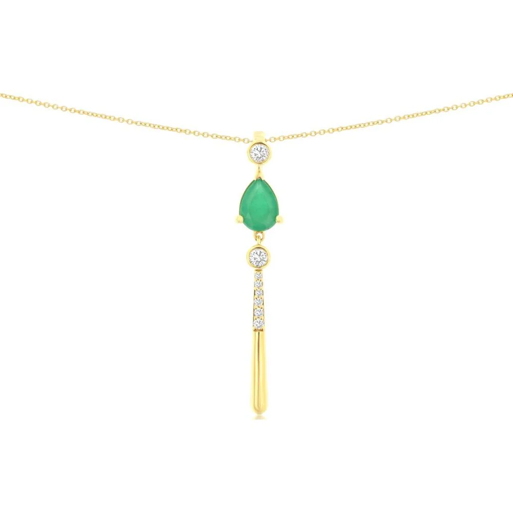 14K Yellow Gold Drop Pendant Necklace with Pear-Shaped Emerald and Round Diamond Accents - 0.75 Carat Emerald and 0.14 Carat Total Diamond Weight - Royal Jewelry