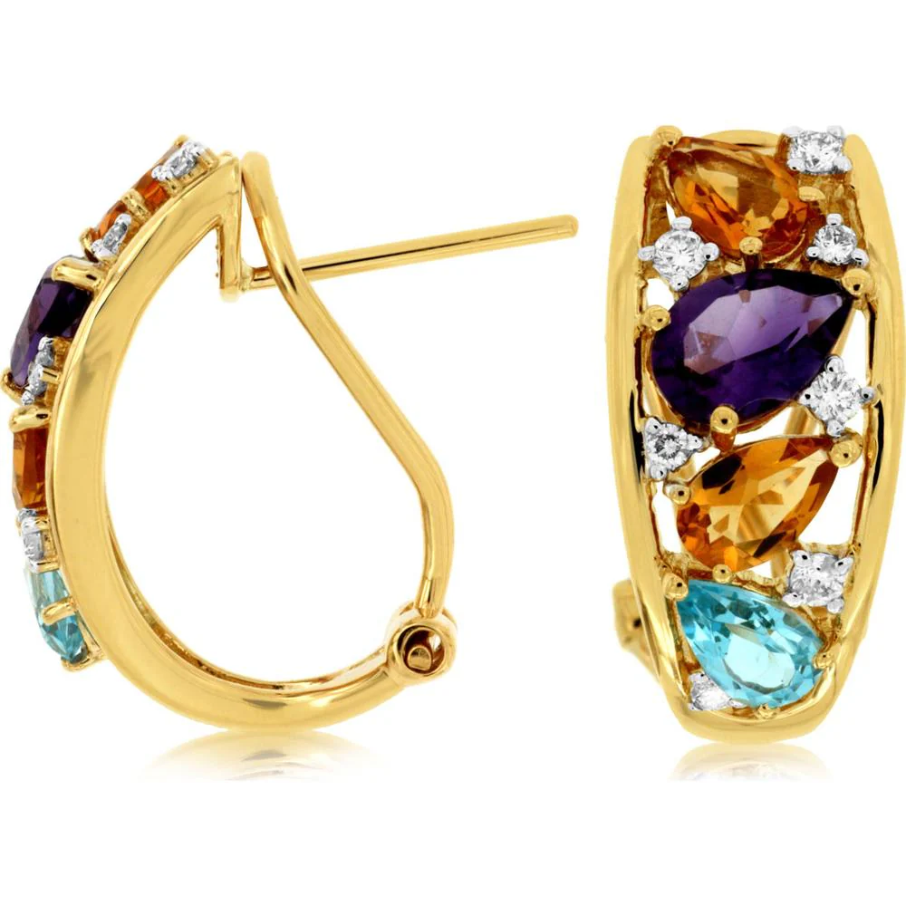 14K Yellow Gold Earrings with Pear-Shaped Amethyst, Citrine, Turquoise, and Diamond Accents - 1.96 Carats Total Gemstone Weight - Royal Jewelry