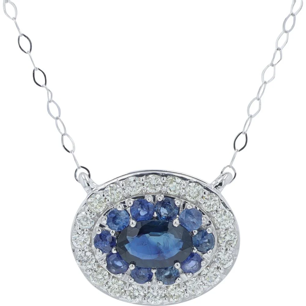 14K Yellow Gold East to West Sapphire Necklace with Round Diamonds - 0.50 Carat Total Sapphire Weight