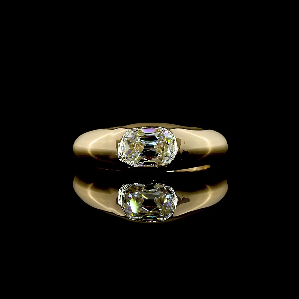 14K Yellow Gold East-West Antique Cushion Cut Lab Diamond Solitaire Ring with Hidden Brilliant Accent - 1.29 Carat Total Diamond Weight - Covaloro Fine Jewelry