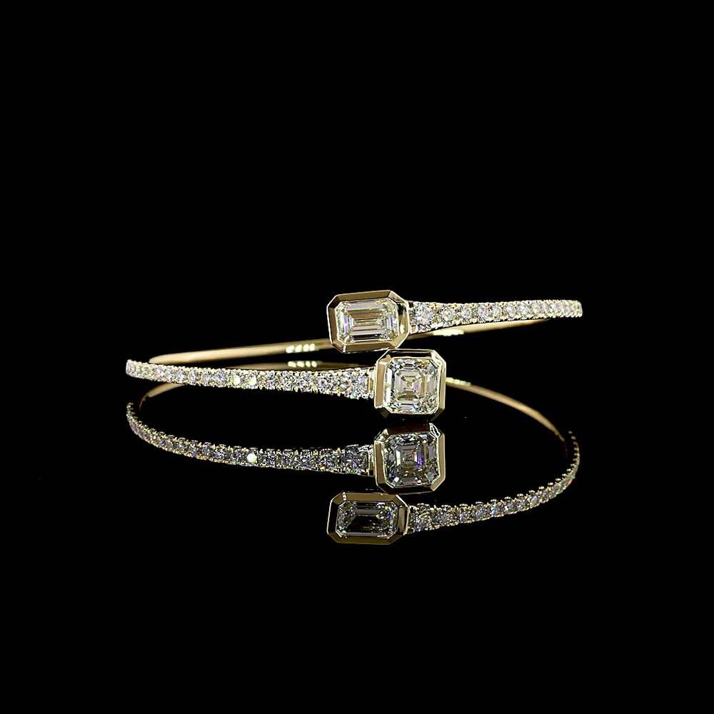 14K Yellow Gold East-West Bangle with Emerald and Asscher Cut Lab Diamonds - 5.17 Total Carat Weight - Covaloro Fine Jewelry
