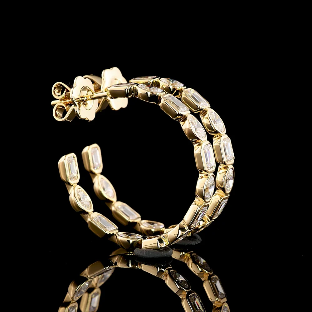 14K Yellow Gold East-West Bezel Set C-Hoop Earrings with Alternating Emerald Cut and Oval Cut Lab Diamonds - 3.85 Carats Total Diamond Weight - Covaloro Fine Jewelry - Image 3