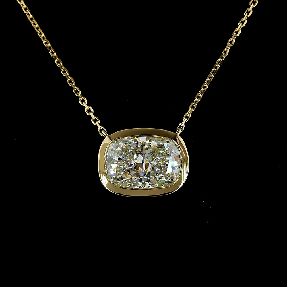 14K Yellow Gold East-West Bezel Set Cushion Brilliant Cut Lab Diamond Solitaire Pendant - 2.63 Carat Total Weight, E-F Color, VVS2 Clarity, IGI Certified - Covaloro Fine Jewelry - Image 2