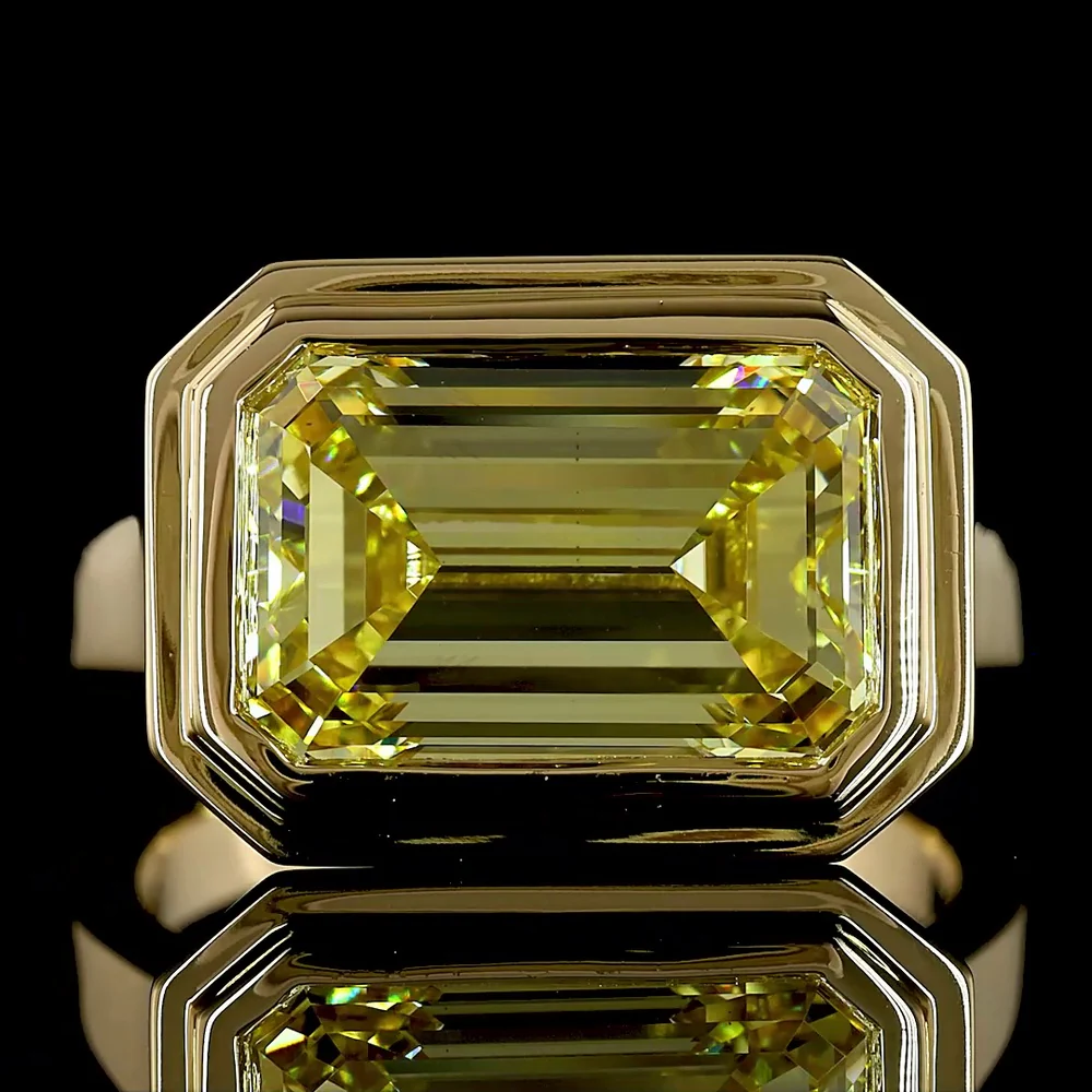 14K Yellow Gold East-West Bezel Set Emerald Cut Fancy Vivid Yellow Lab Diamond Solitaire Ring - 6.11 Carat Total Weight - Covaloro Fine Jewelry - Image 2