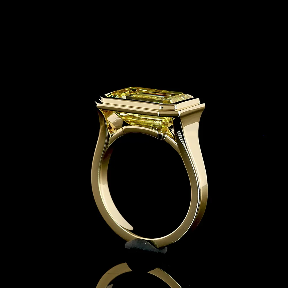 14K Yellow Gold East-West Bezel Set Emerald Cut Fancy Vivid Yellow Lab Diamond Solitaire Ring - 6.11 Carat Total Weight - Covaloro Fine Jewelry - Image 3
