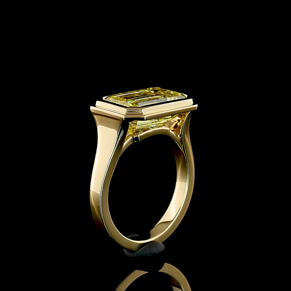 14K Yellow Gold East-West Bezel Set Emerald Cut Fancy Vivid Yellow Lab Diamond Solitaire Ring - 6.11 Carat Total Weight - Covaloro Fine Jewelry - Image 4