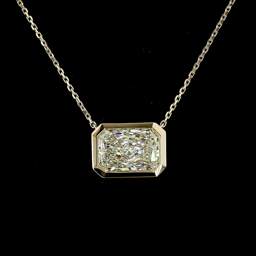 14K Yellow Gold East-West Bezel Set Radiant Cut Lab Diamond Solitaire Pendant - 3.09 Carat Total Diamond Weight, IGI Certified E-F VS1 - Covaloro Fine Jewelry - Image 2