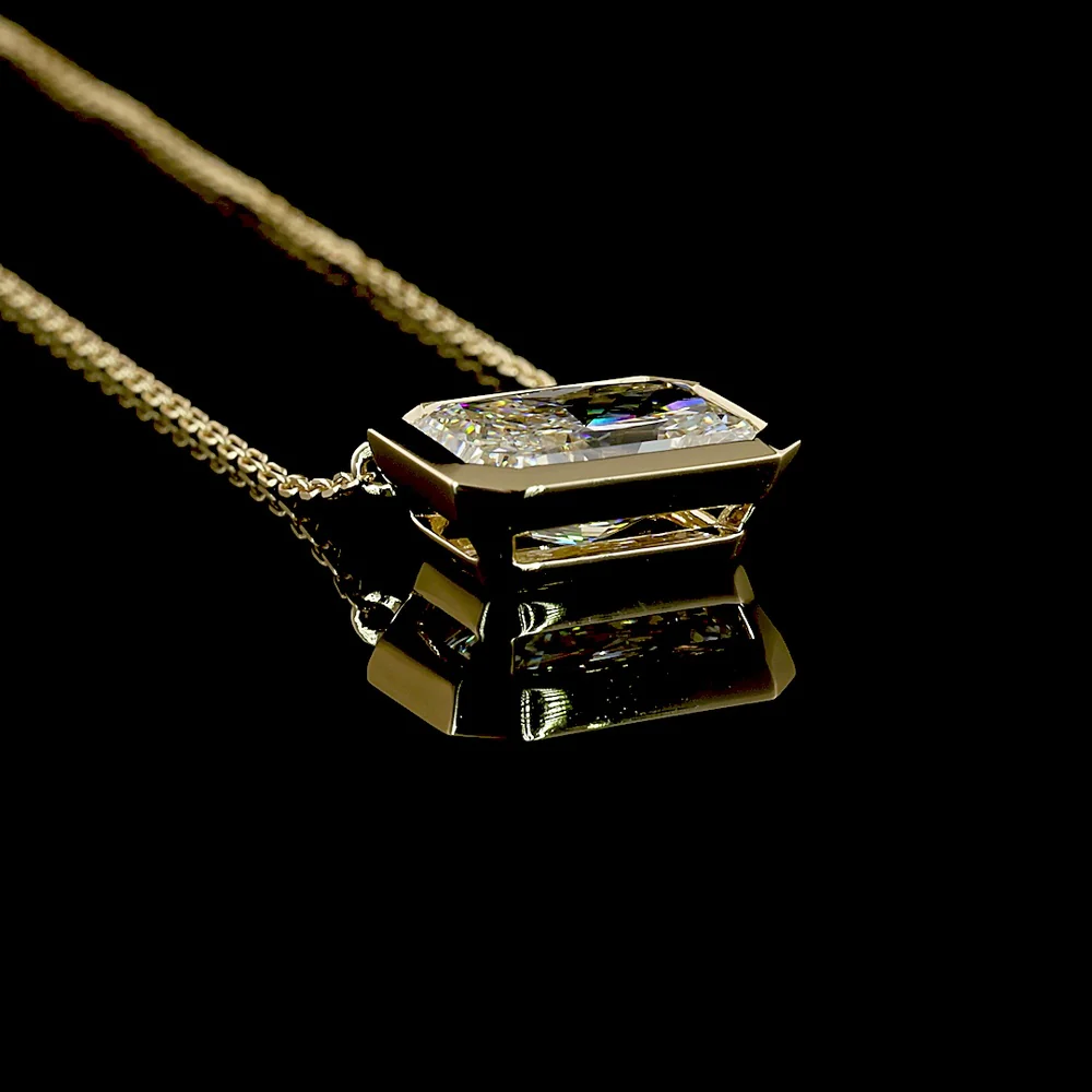 14K Yellow Gold East-West Bezel Set Radiant Cut Lab Diamond Solitaire Pendant - 3.09 Carat Total Diamond Weight, IGI Certified E-F VS1 - Covaloro Fine Jewelry - Image 3