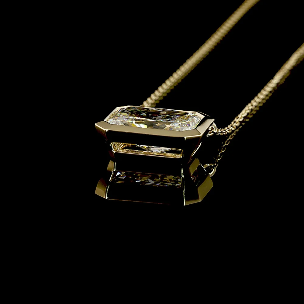 14K Yellow Gold East-West Bezel Set Radiant Cut Lab Diamond Solitaire Pendant - 3.09 Carat Total Diamond Weight, IGI Certified E-F VS1 - Covaloro Fine Jewelry - Image 4