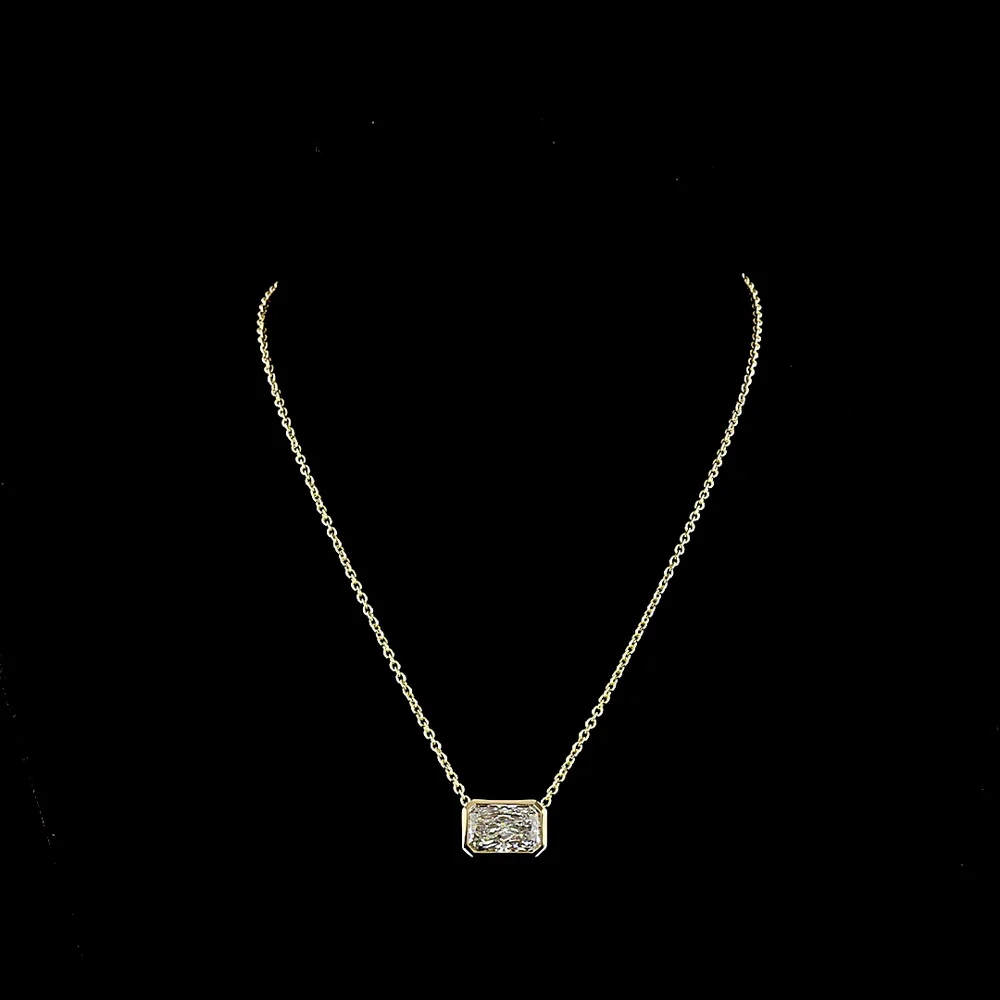 14K Yellow Gold East-West Bezel Set Radiant Cut Lab Diamond Solitaire Pendant - 6.02 Carat Total Weight, E-F Color, VS1 Clarity - Covaloro Fine Jewelry