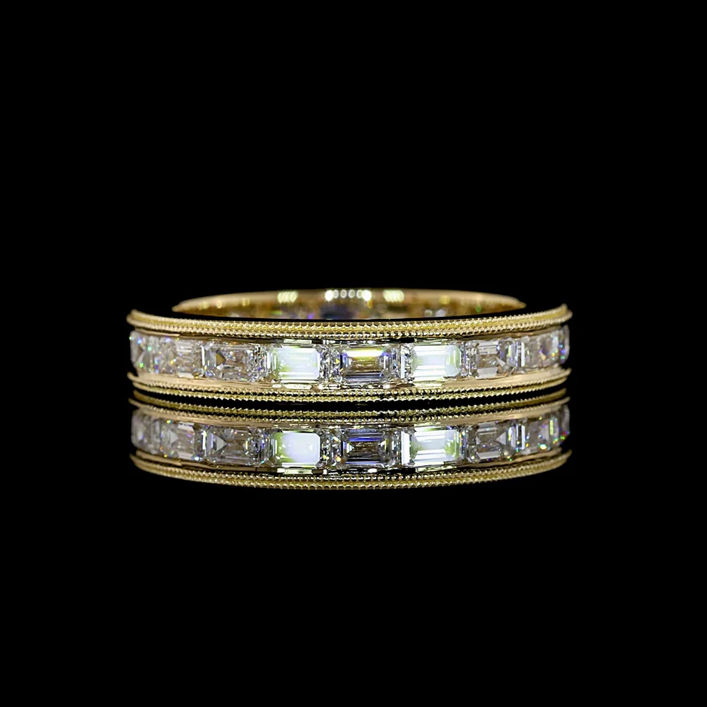14K Yellow Gold East-West Emerald Cut Lab Diamond Eternity Band - 2.08 Carats Total Diamond Weight, E-F VS1 Clarity, Channel Set with Milgrain - Covaloro Fine Jewelry