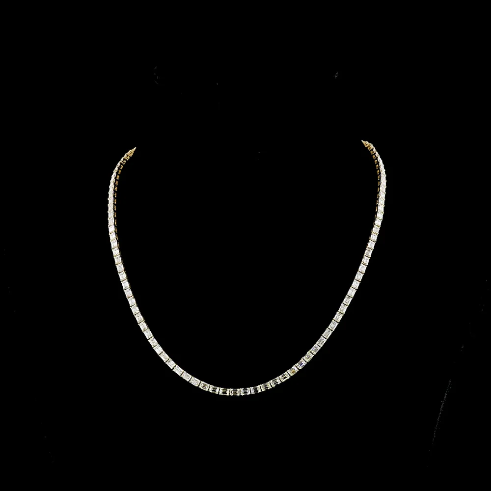 14K Yellow Gold East-West Emerald Cut Lab Diamond Tennis Necklace - 15.62 Carat Total Weight, 107 Stones, E-F Color VS Clarity - Covaloro Fine Jewelry