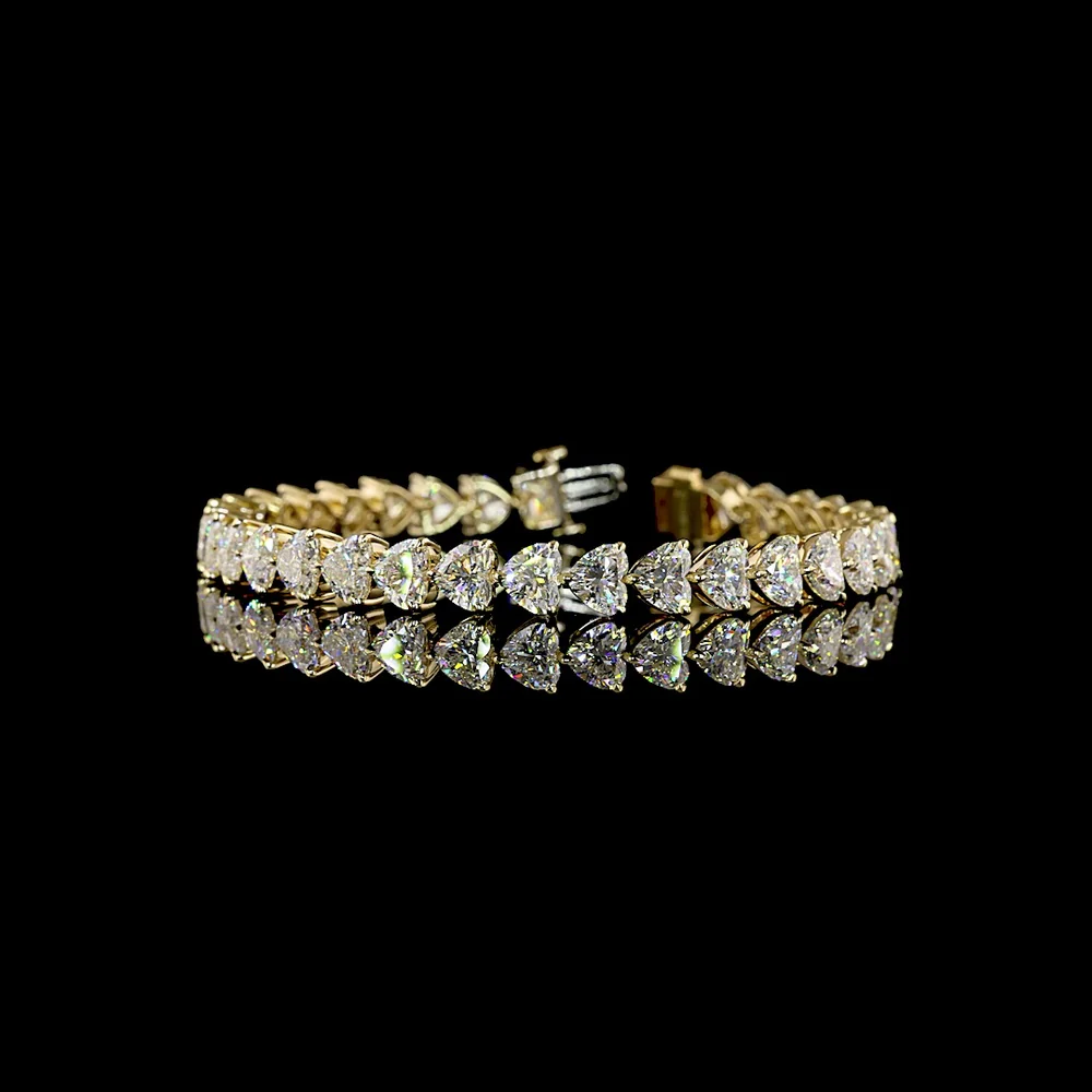 14K Yellow Gold East-West Heart Shaped Tennis Bracelet with 33 Lab Grown Diamonds - 21.03 Carat Total Weight, E-F Color VS1 Clarity - Covaloro Fine Jewelry