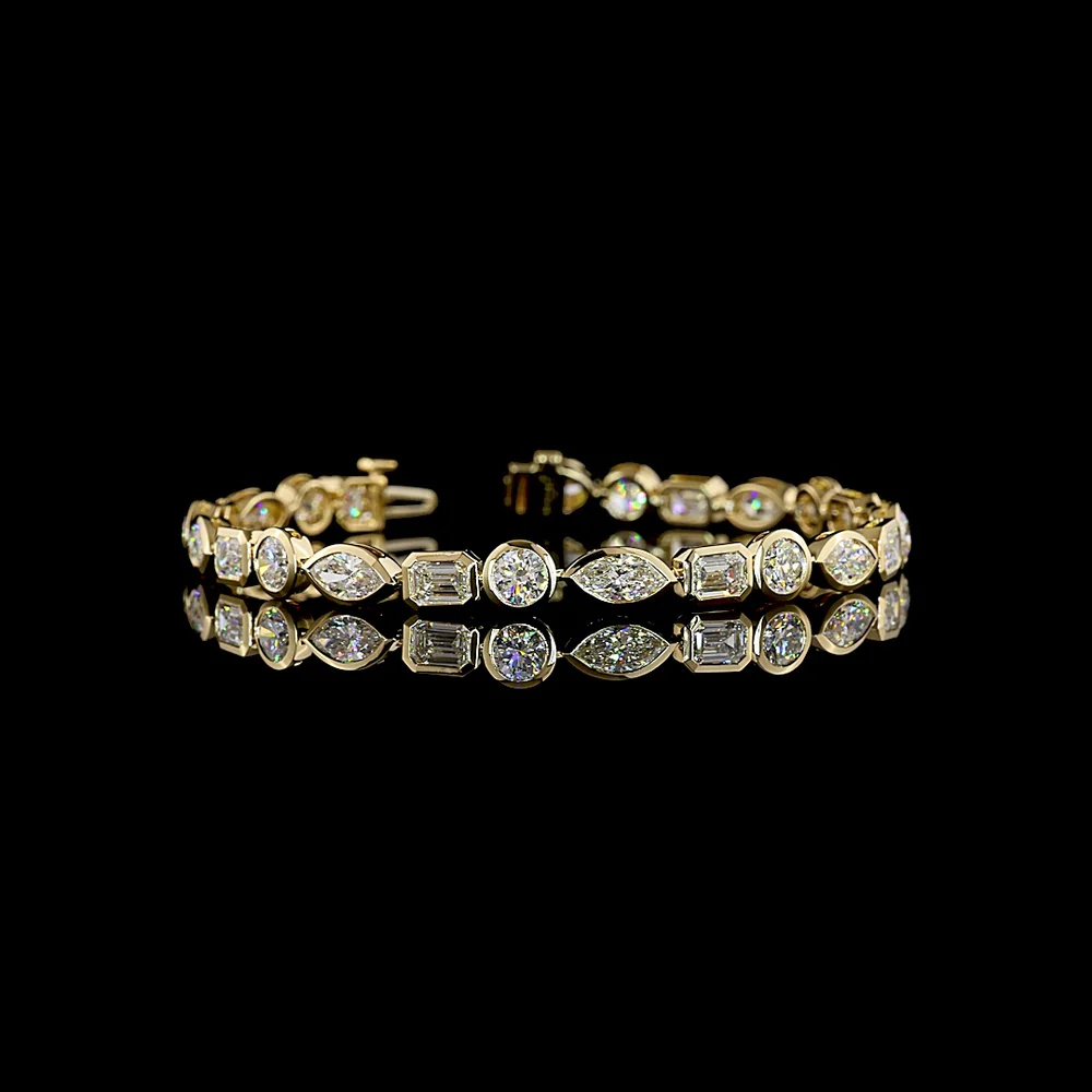 14K Yellow Gold East-West Mixed Shape Diamond Tennis Bracelet - Marquise, Emerald & Round Cuts, Bezel Set - 10.23 Carat Total Diamond Weight - Covaloro Fine Jewelry