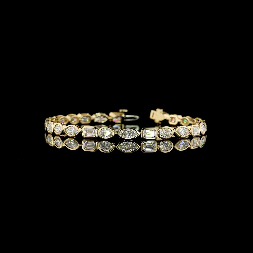 14K Yellow Gold East-West Mixed Shape Tennis Bracelet with Emerald, Marquise, and Round Natural Diamonds - 7.34 Carats Total Diamond Weight - Covaloro Fine Jewelry